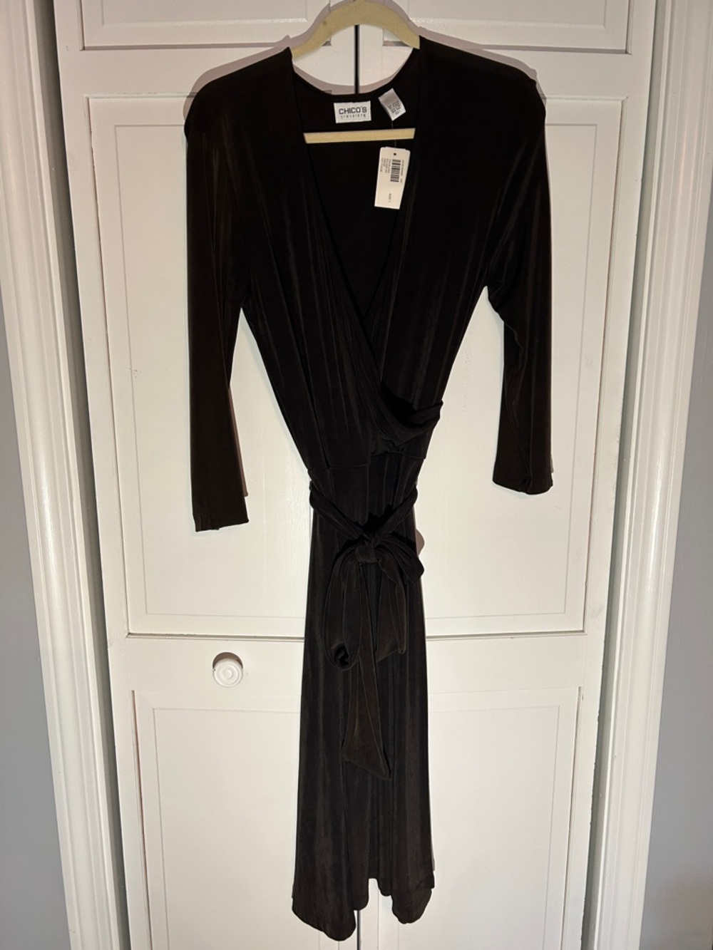 Chico's Black Long Sleeve Faux Wrap Dress with Tie sz1 new with tags